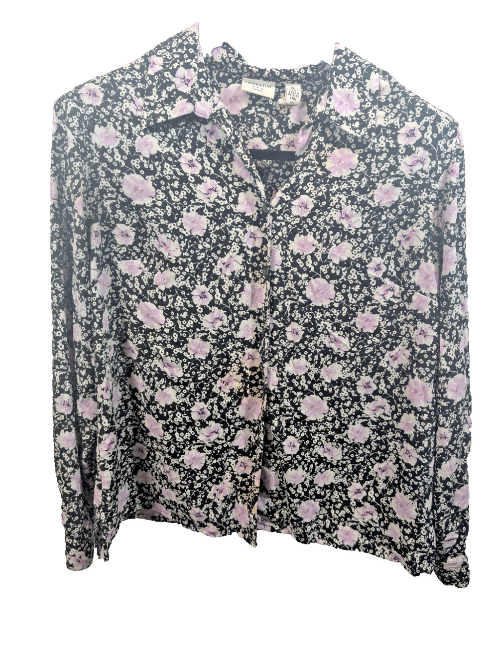 Covington Black Purple Floral Blouse PXL Petite XL Long Sleeve Button Front Top